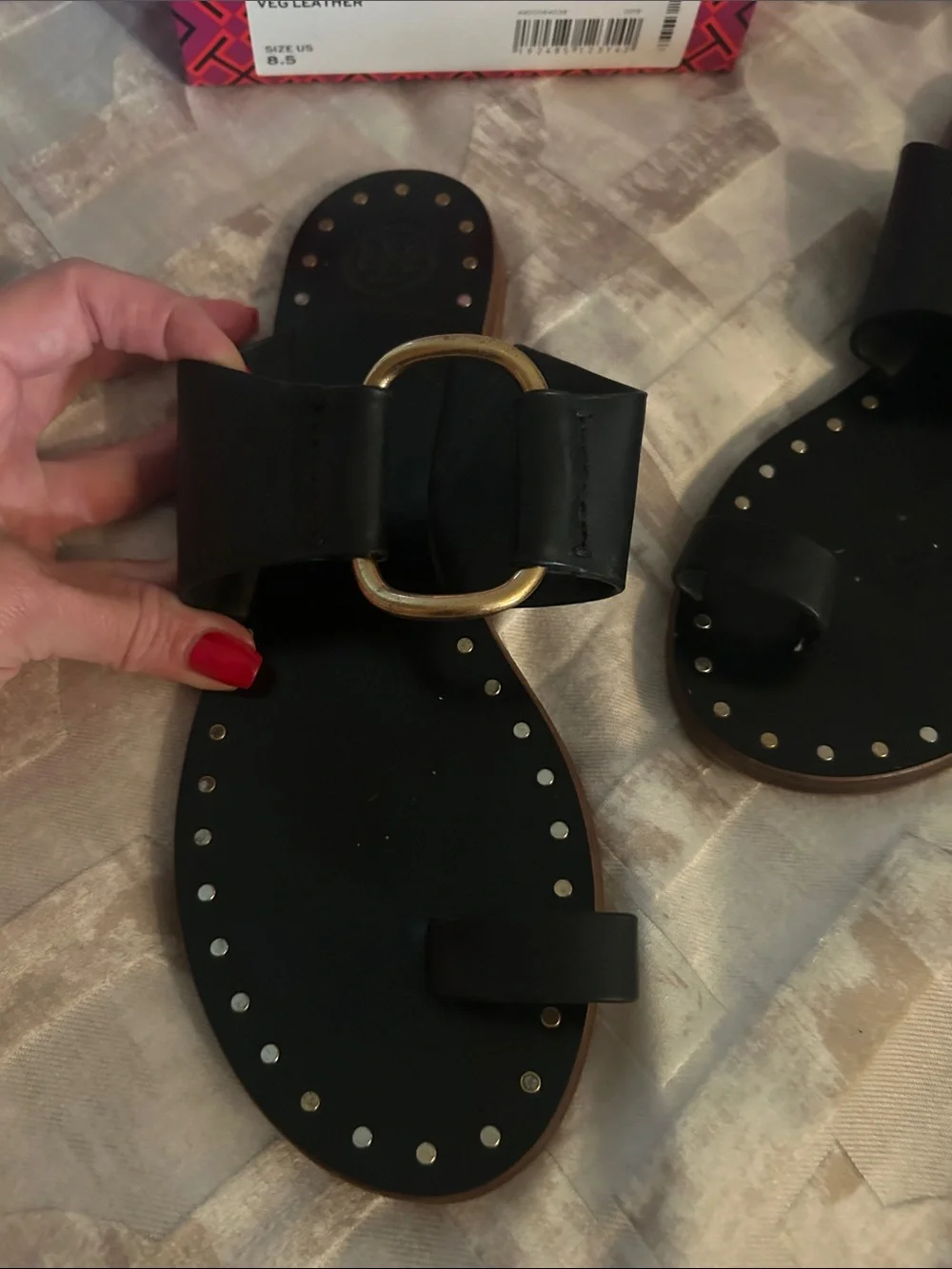 Tory Burch Black Leather Bow Toe-Loop Sandals with Gold Accent